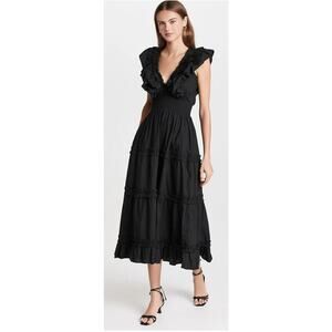 Love the Label Black Black Poplin Ruffled Tiered Deep-V Maxi Dress, Size S, NWOT